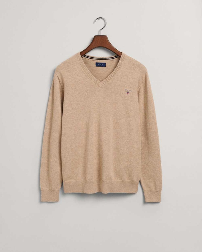 Gant Classic Cotton V-Neck Men's Sweater Sand Melange | ZXLQV-3462