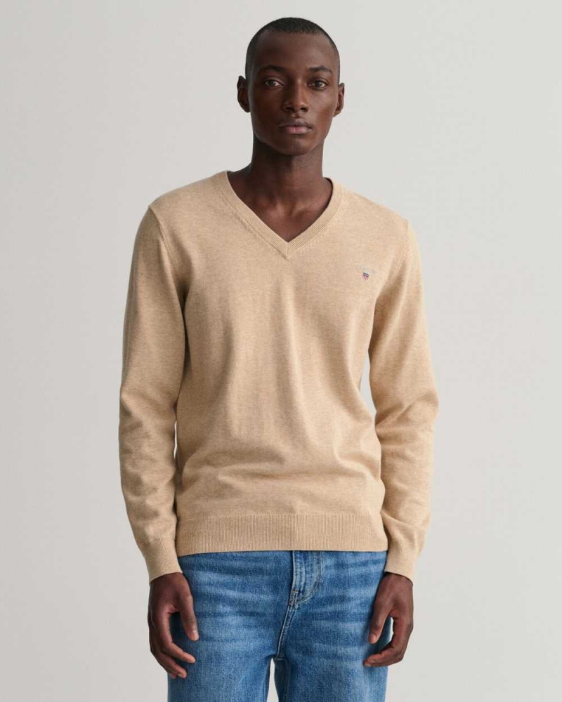 Gant Classic Cotton V-Neck Men\'s Sweater Sand Melange | ZXLQV-3462