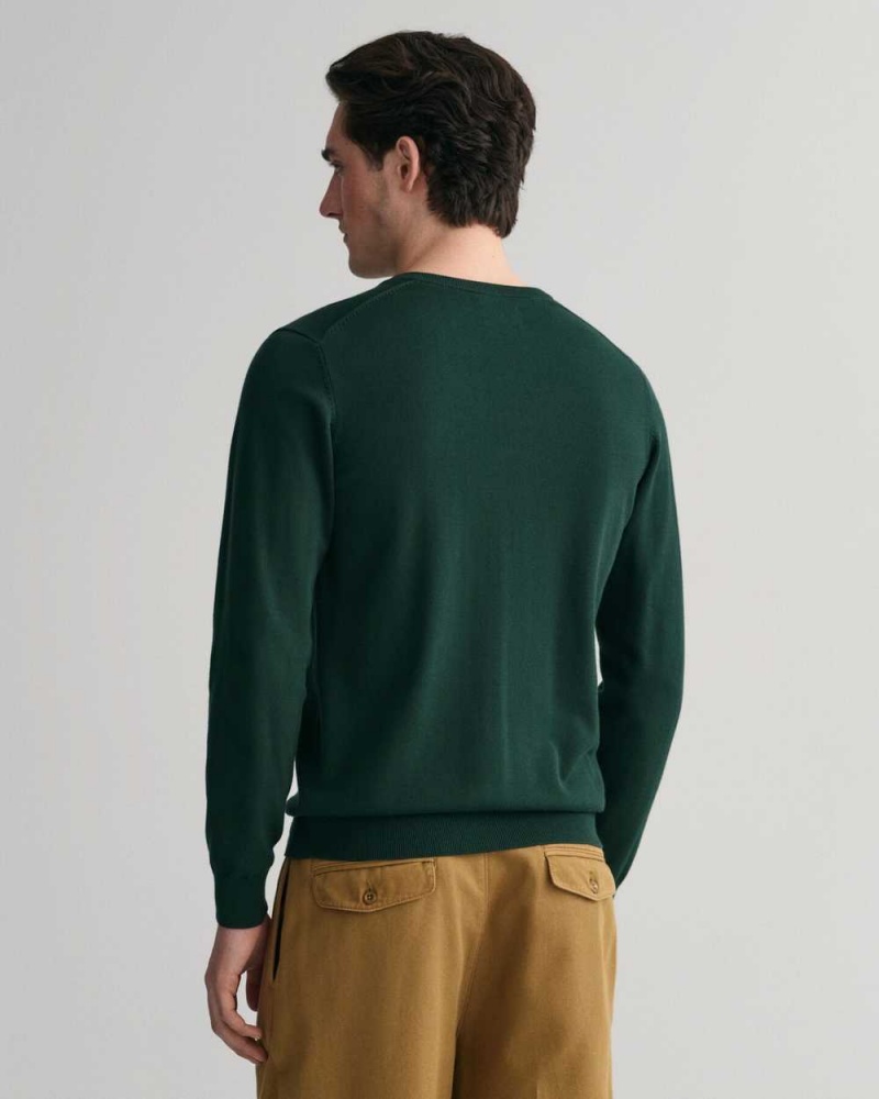 Gant Classic Cotton V-Neck Men's Sweater Tartan Green | AFOKG-4723