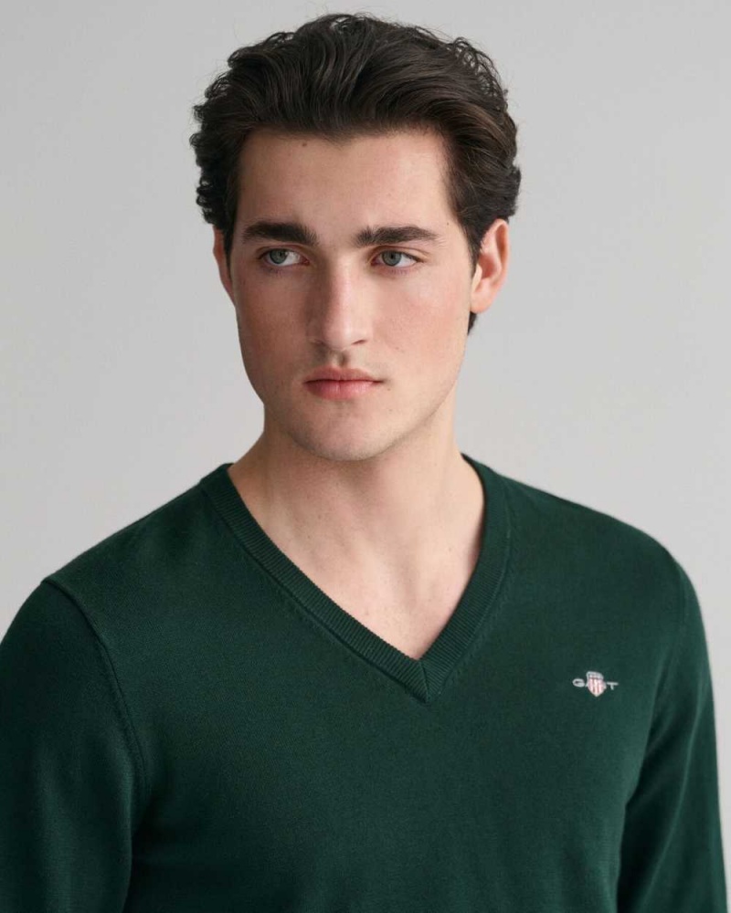 Gant Classic Cotton V-Neck Men's Sweater Tartan Green | AFOKG-4723