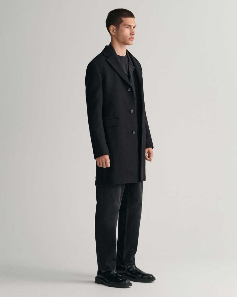 Gant Classic Tailored Fit Wool Topcoat Men's Coats Ebony Black | LDTXF-1084