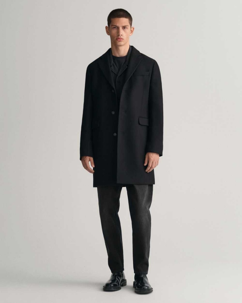 Gant Classic Tailored Fit Wool Topcoat Men's Coats Ebony Black | LDTXF-1084