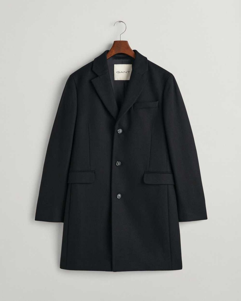 Gant Classic Tailored Fit Wool Topcoat Men's Coats Ebony Black | LDTXF-1084