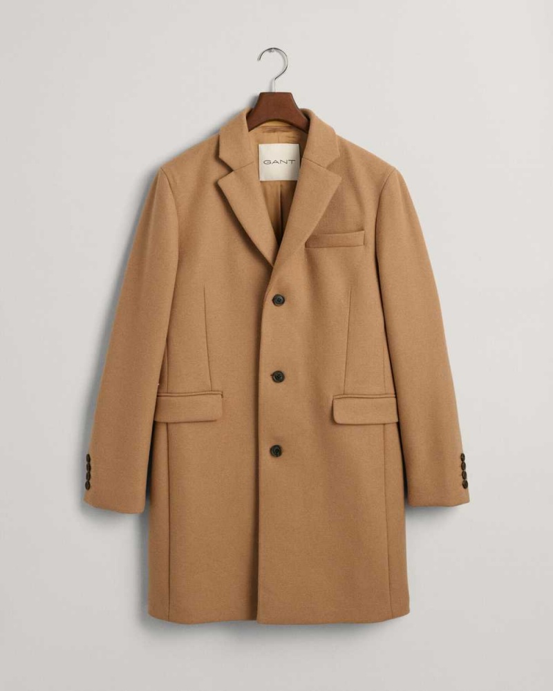 Gant Classic Tailored Fit Wool Topcoat Men's Coats Mustard Beige | PEXQF-1573