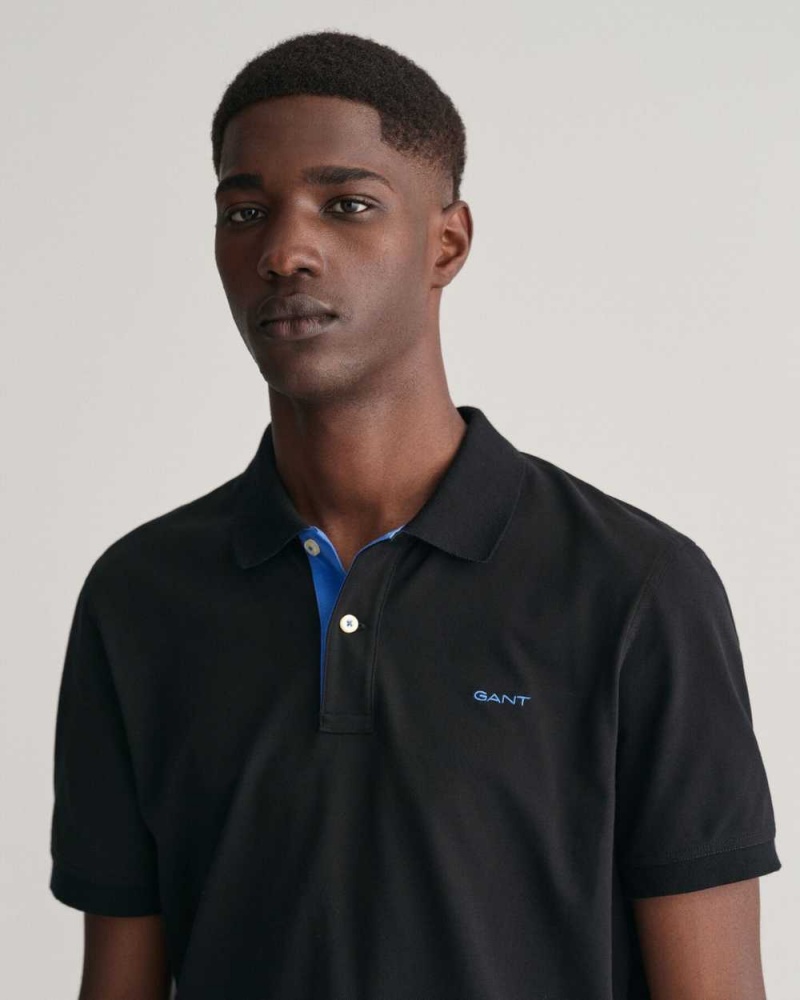 Gant Contrast Piqué Men's Polo Shirt Black | WYZBV-0293