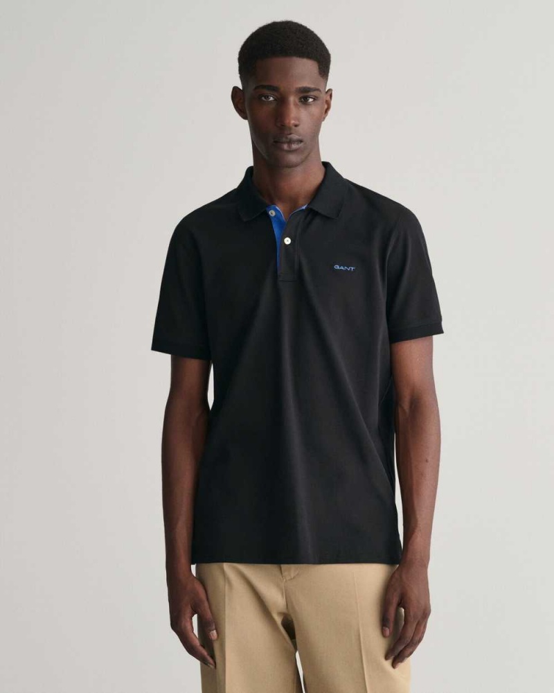 Gant Contrast Piqué Men\'s Polo Shirt Black | WYZBV-0293