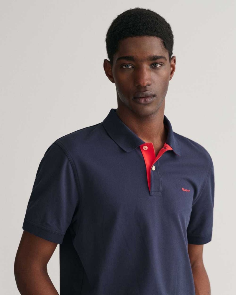 Gant Contrast Piqué Men's Polo Shirt Evening Blue | JNBZY-3810