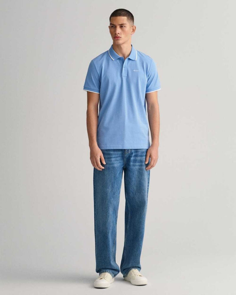 Gant Contrast Tipped Piqué Men's Polo Shirt Gentle Blue | HWRLU-7046