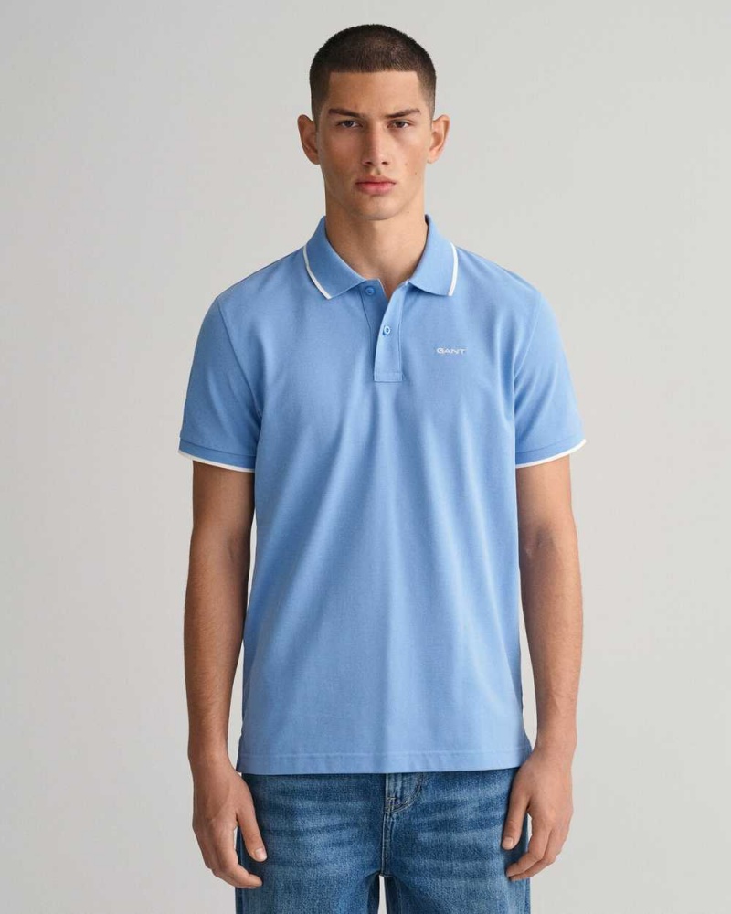 Gant Contrast Tipped Piqué Men\'s Polo Shirt Gentle Blue | HWRLU-7046