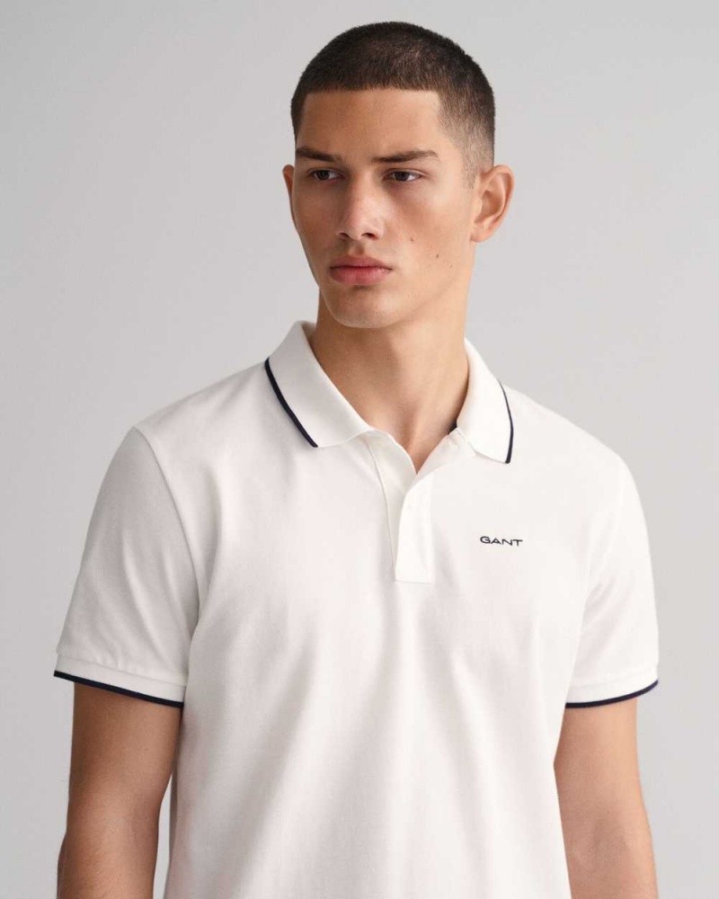 Gant Contrast Tipped Piqué Men's Polo Shirt White | CPOVJ-9641