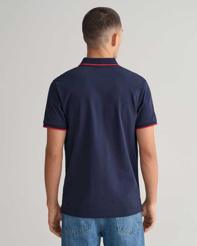 Gant Contrast Tipped Piqué Men's Polo Shirt Evening Blue | OXDCH-5869