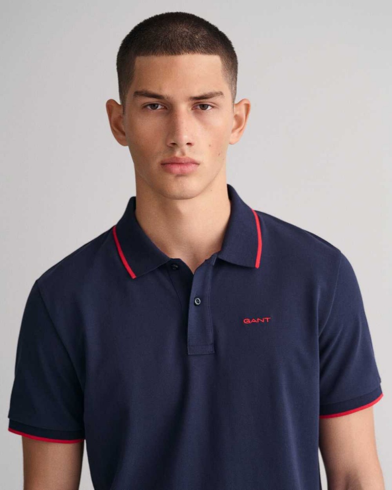 Gant Contrast Tipped Piqué Men's Polo Shirt Evening Blue | OXDCH-5869