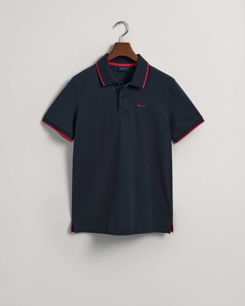 Gant Contrast Tipped Piqué Men's Polo Shirt Evening Blue | OXDCH-5869