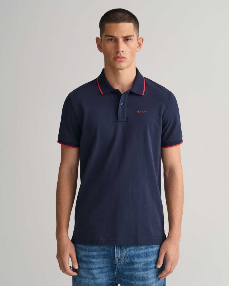 Gant Contrast Tipped Piqué Men\'s Polo Shirt Evening Blue | OXDCH-5869