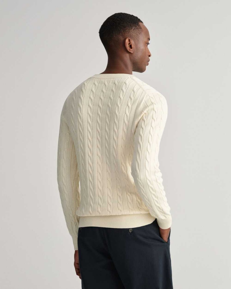 Gant Cotton Cable Crew Neck Men's Sweater Cream | LSTPK-9581