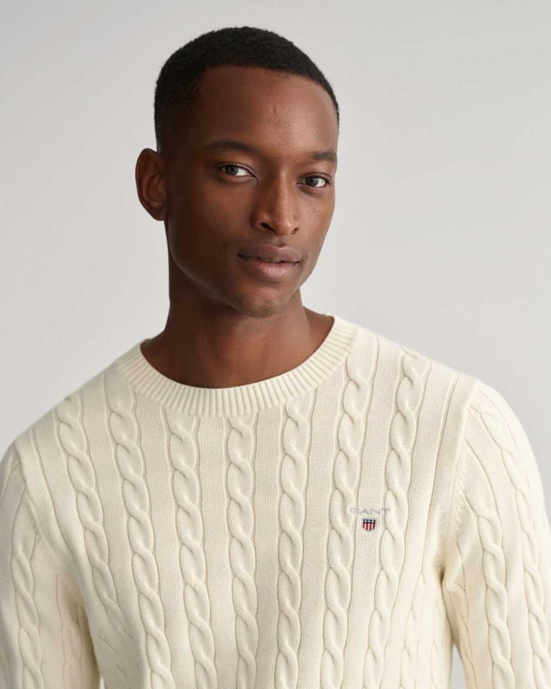 Gant Cotton Cable Crew Neck Men's Sweater Cream | LSTPK-9581