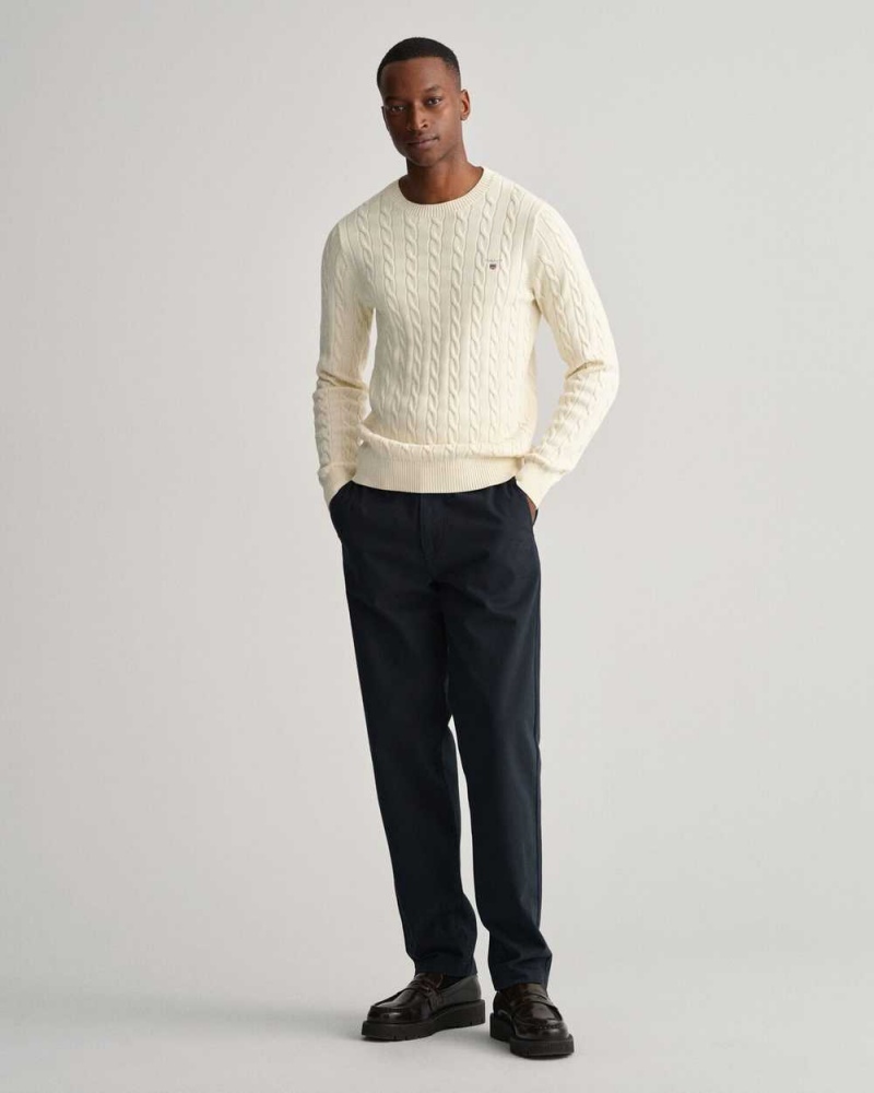 Gant Cotton Cable Crew Neck Men's Sweater Cream | LSTPK-9581