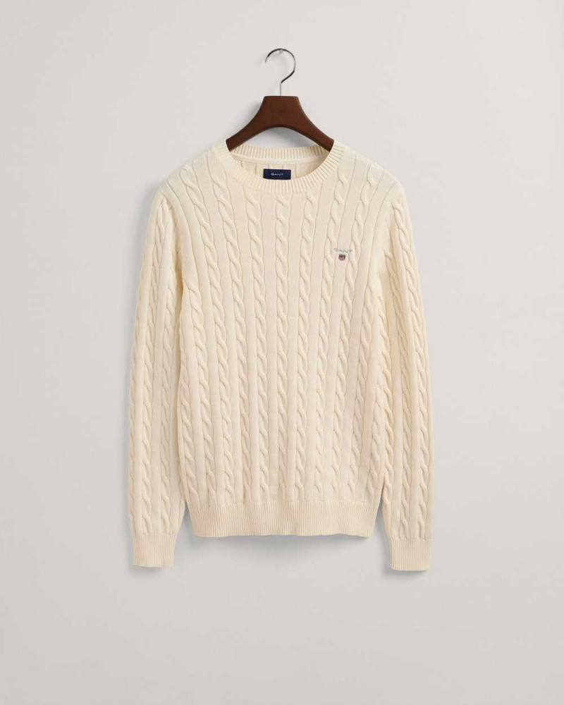 Gant Cotton Cable Crew Neck Men's Sweater Cream | LSTPK-9581