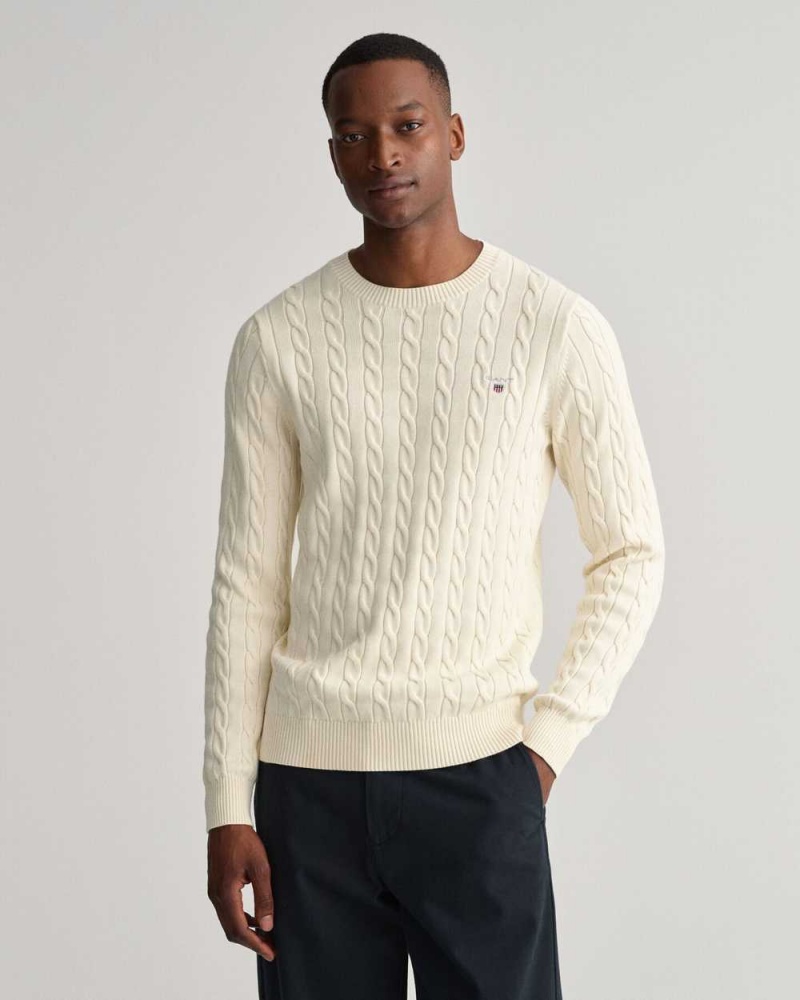 Gant Cotton Cable Crew Neck Men\'s Sweater Cream | LSTPK-9581