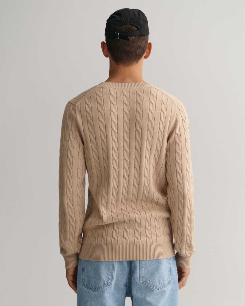 Gant Cotton Cable Crew Neck Men's Sweater Dry Sand | RQIOD-2675