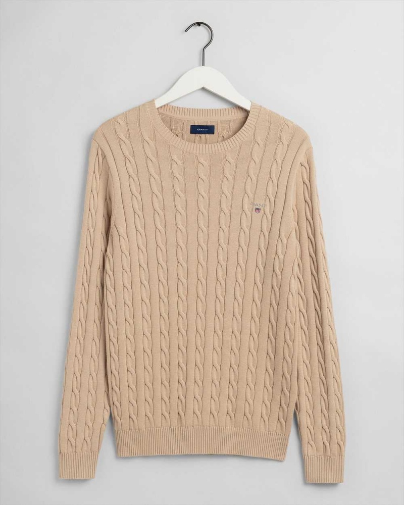 Gant Cotton Cable Crew Neck Men's Sweater Dry Sand | RQIOD-2675