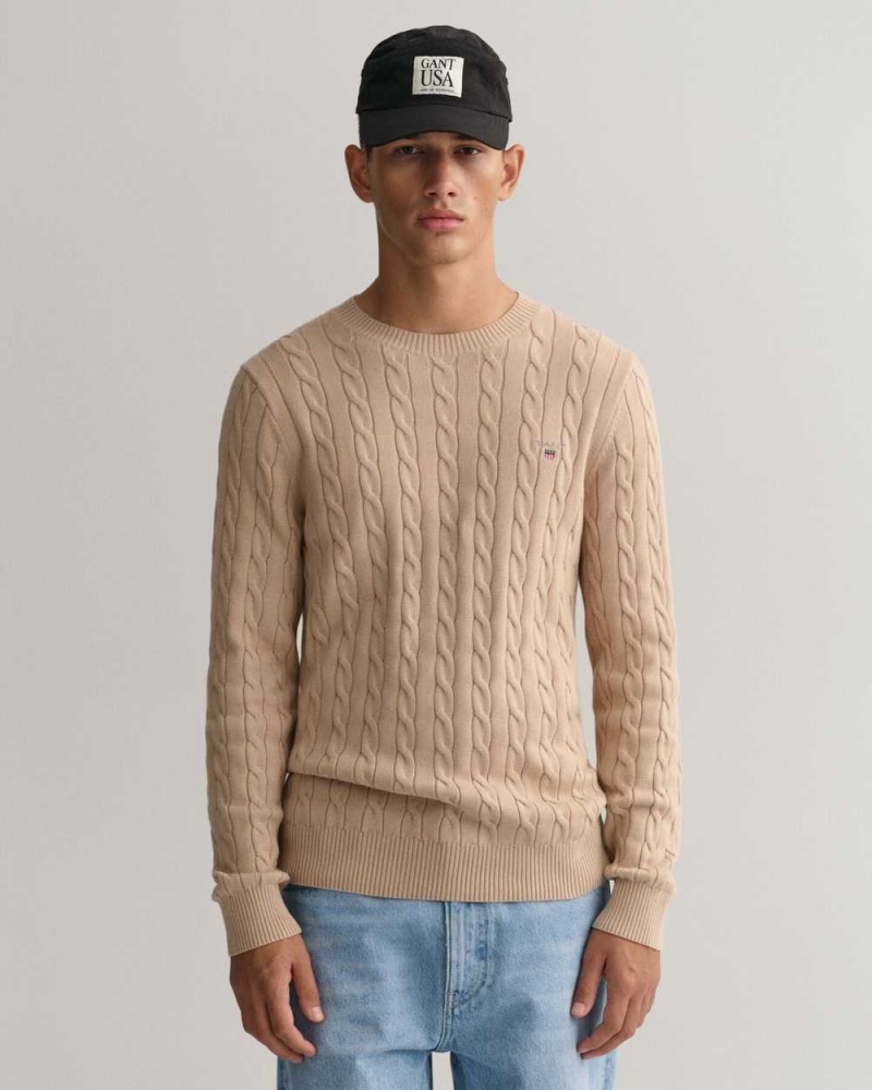 Gant Cotton Cable Crew Neck Men\'s Sweater Dry Sand | RQIOD-2675