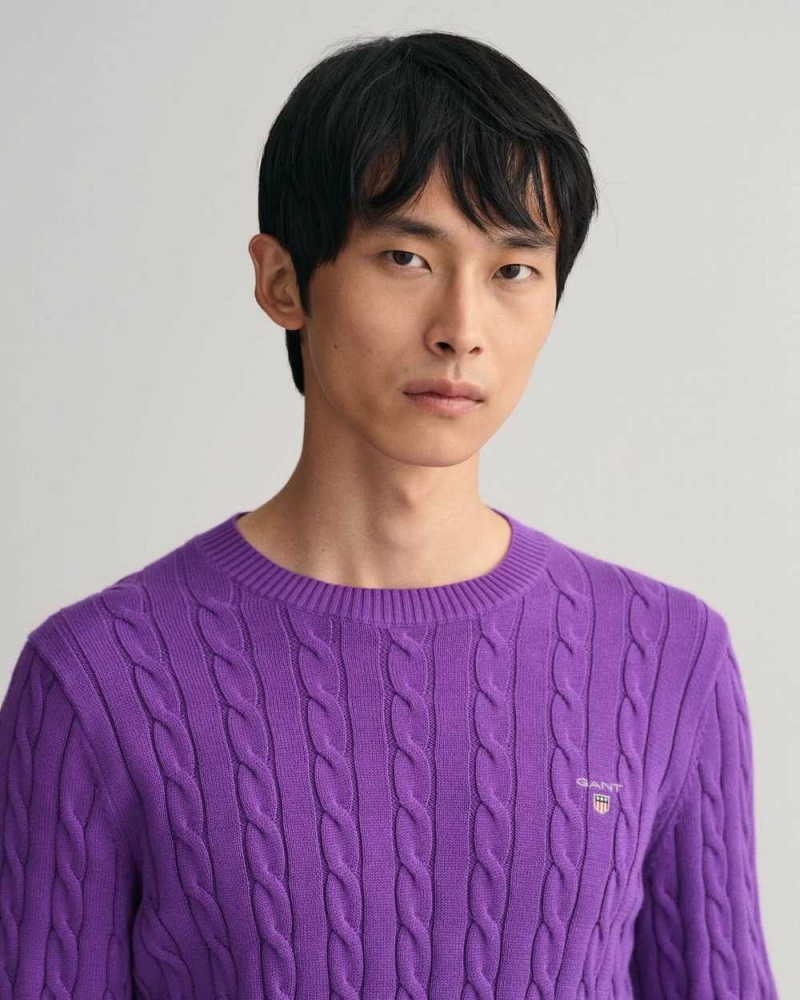 Gant Cotton Cable Knit Crew Neck Men's Sweater Dark Violet | TCAPB-1765