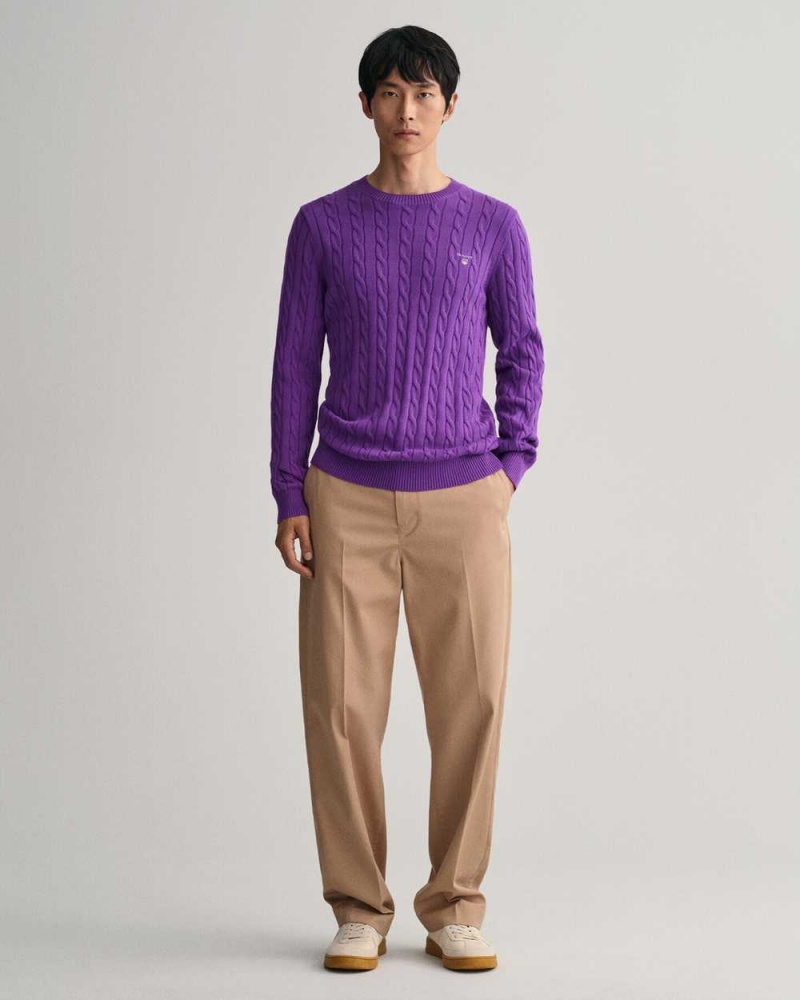 Gant Cotton Cable Knit Crew Neck Men's Sweater Dark Violet | TCAPB-1765