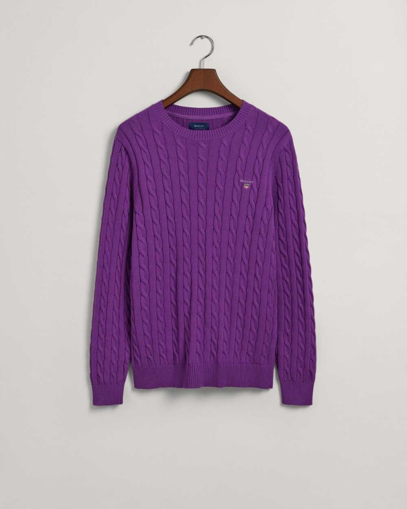 Gant Cotton Cable Knit Crew Neck Men's Sweater Dark Violet | TCAPB-1765