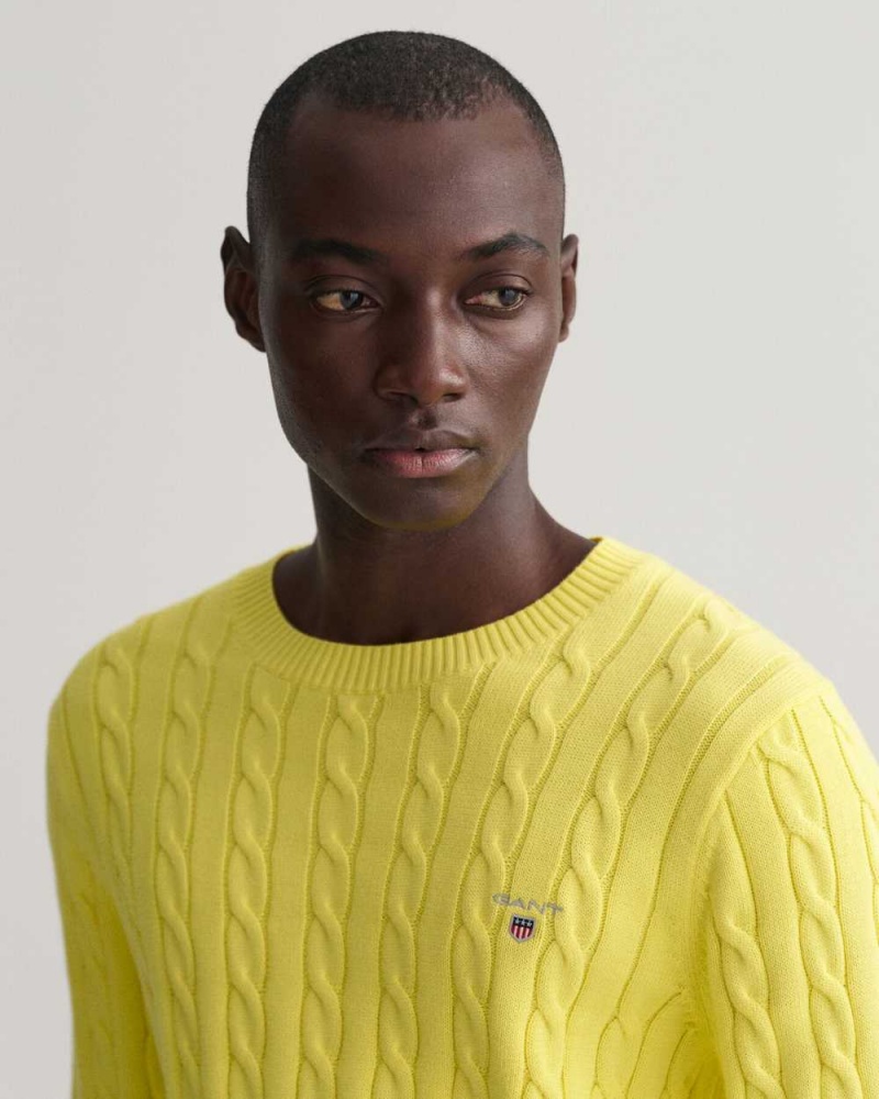 Gant Cotton Cable Knit Crew Neck Men's Sweater Clear Yellow | BITHC-3926