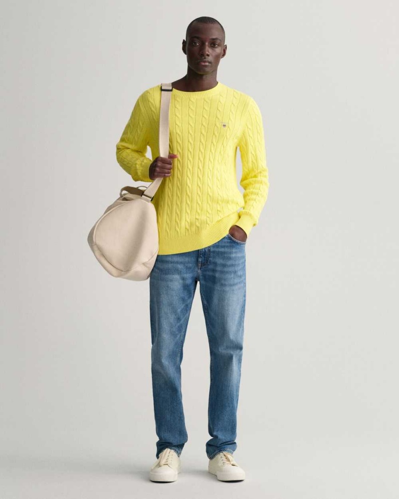 Gant Cotton Cable Knit Crew Neck Men's Sweater Clear Yellow | BITHC-3926