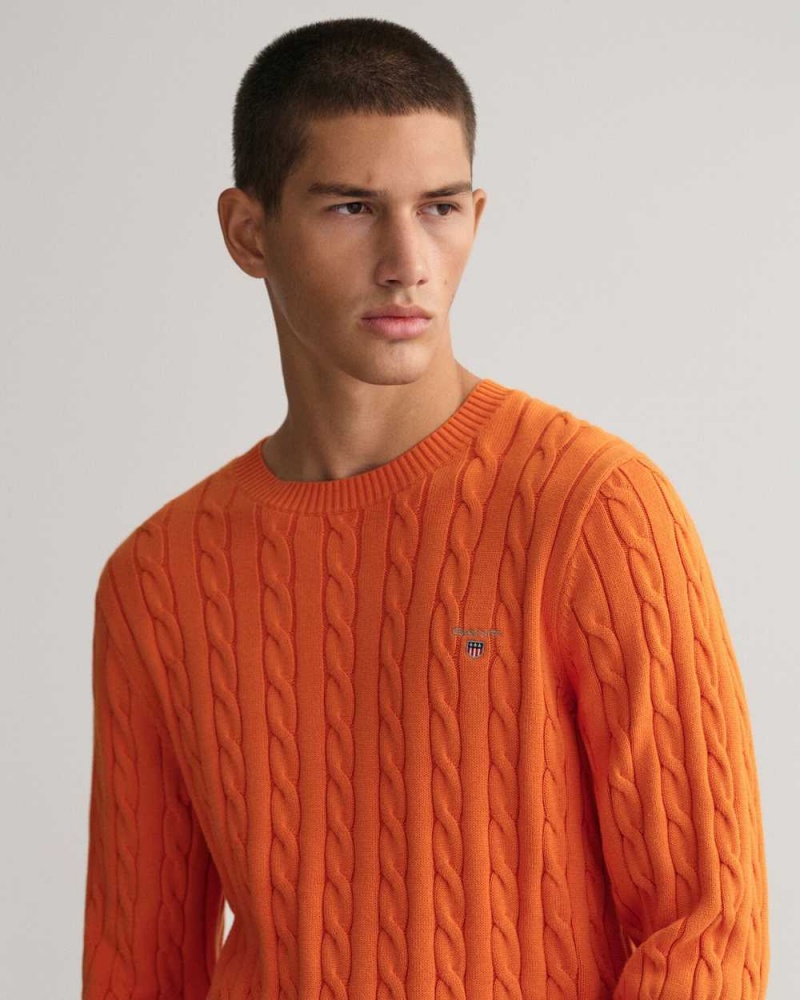 Gant Cotton Cable Knit Crew Neck Men's Sweater Pumpkin Orange | UIZYL-6530