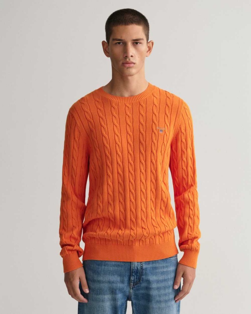 Gant Cotton Cable Knit Crew Neck Men\'s Sweater Pumpkin Orange | UIZYL-6530