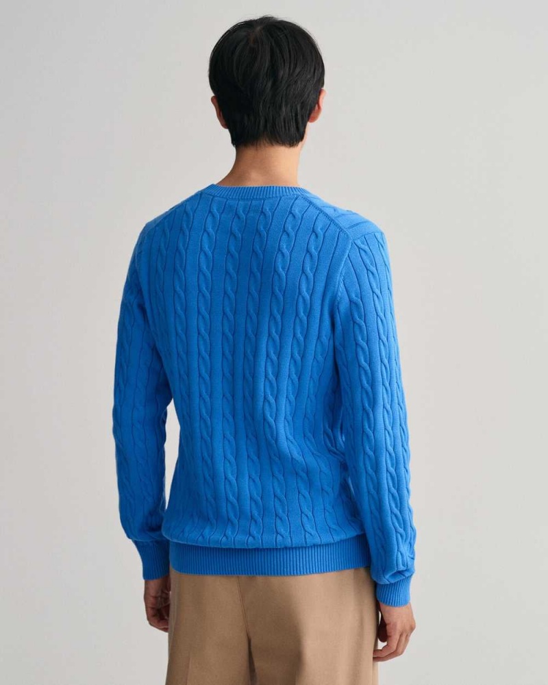 Gant Cotton Cable Knit Crew Neck Men's Sweater Day Blue | AISMB-4560