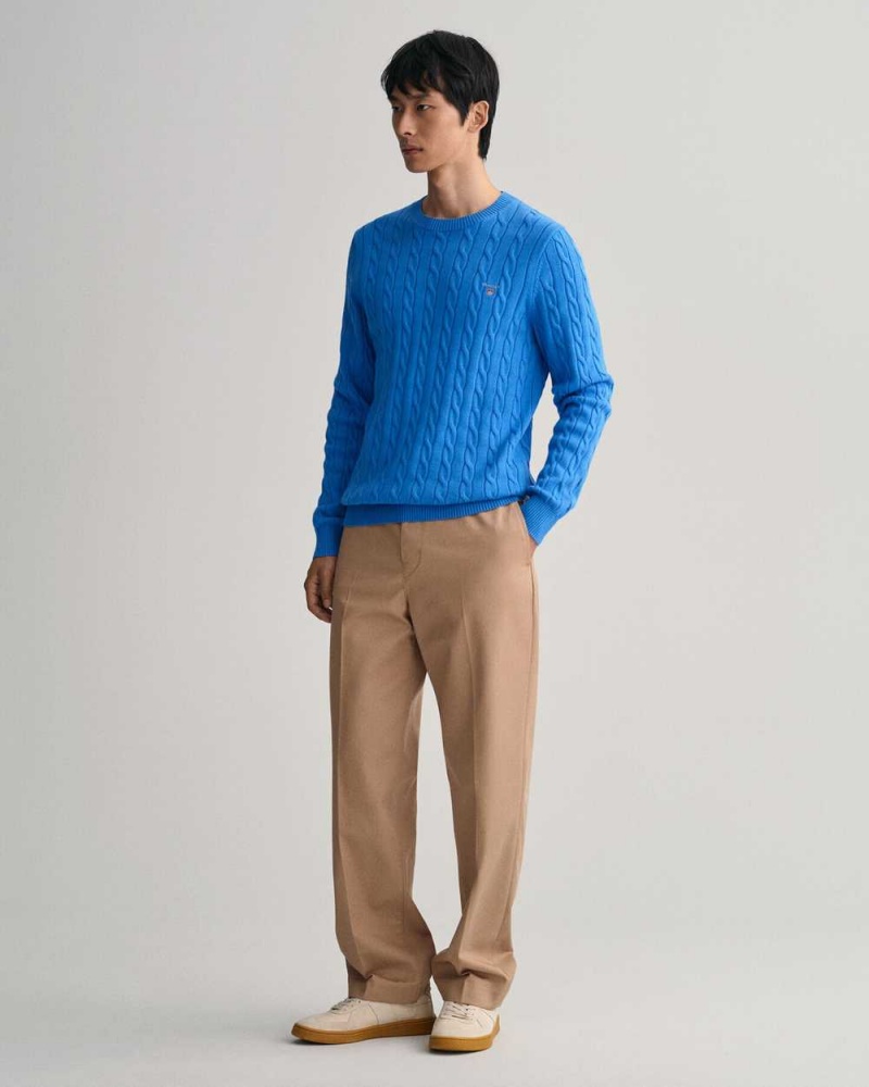 Gant Cotton Cable Knit Crew Neck Men's Sweater Day Blue | AISMB-4560