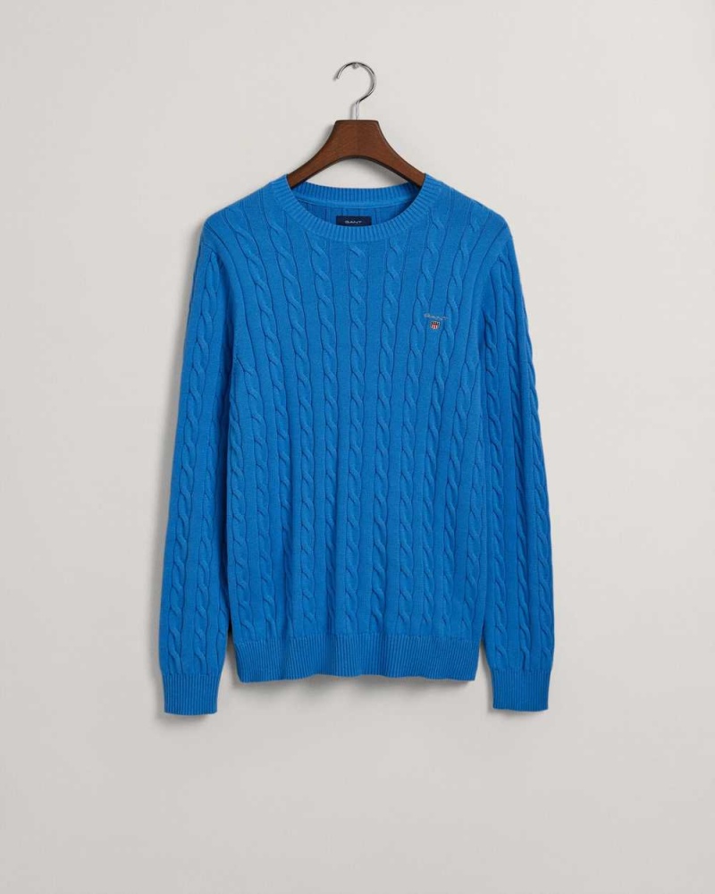 Gant Cotton Cable Knit Crew Neck Men's Sweater Day Blue | AISMB-4560