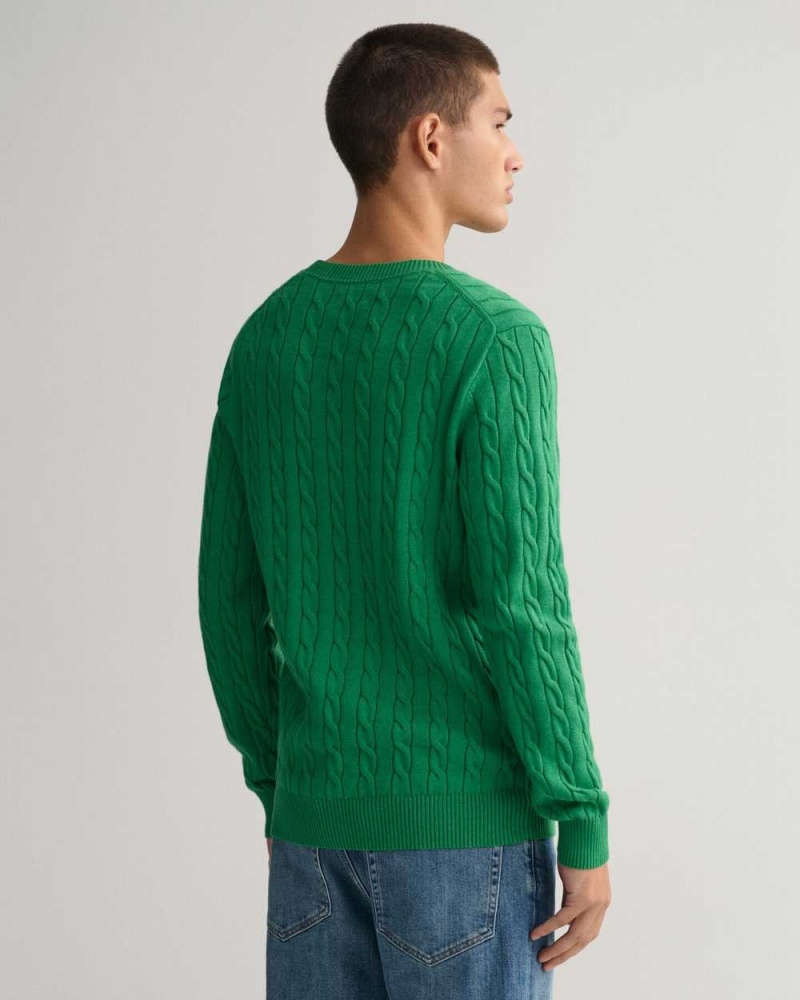 Gant Cotton Cable Knit Crew Neck Men's Sweater Mid Green Melange | LNEKT-3795