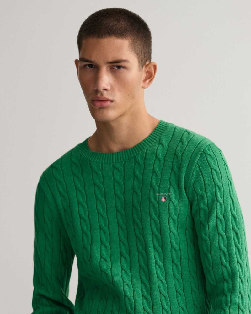 Gant Cotton Cable Knit Crew Neck Men's Sweater Mid Green Melange | LNEKT-3795