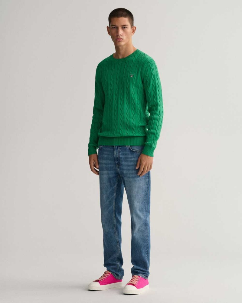 Gant Cotton Cable Knit Crew Neck Men's Sweater Mid Green Melange | LNEKT-3795