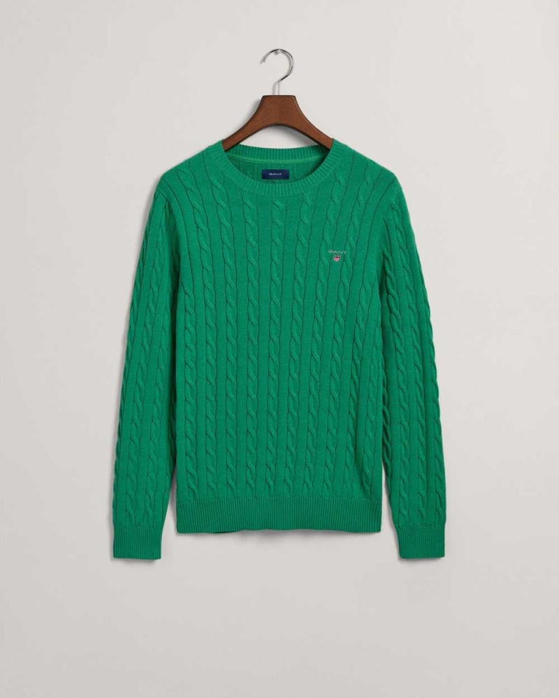 Gant Cotton Cable Knit Crew Neck Men's Sweater Mid Green Melange | LNEKT-3795