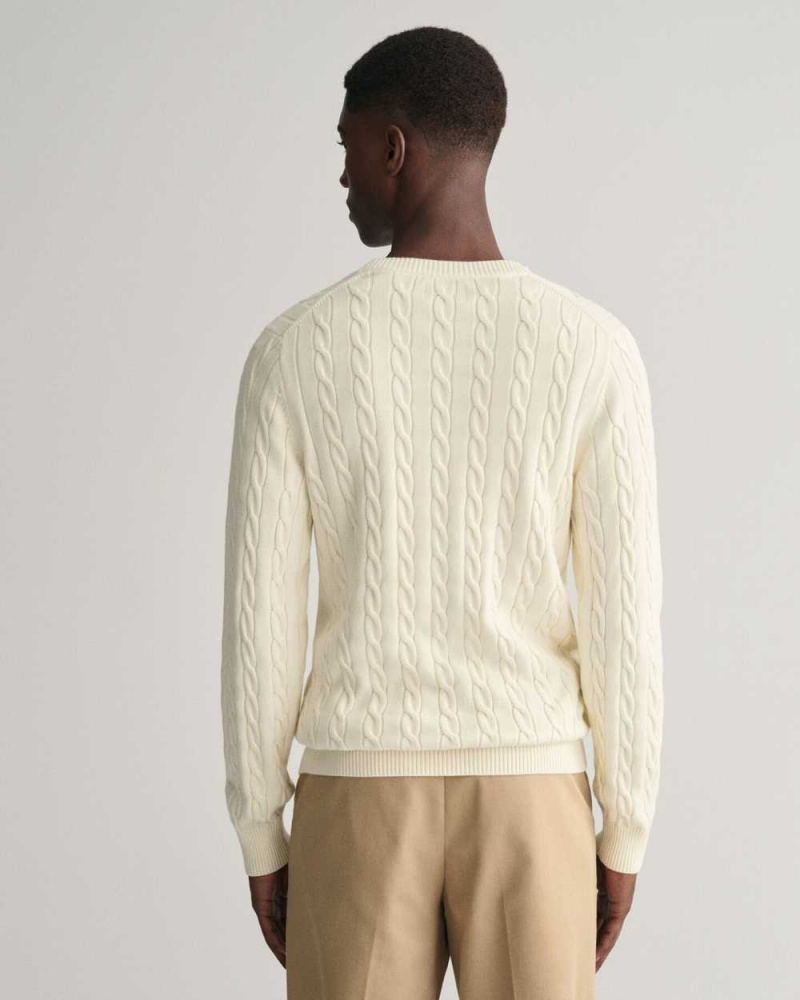 Gant Cotton Cable Knit Crew Neck Men's Sweater Cream | USOFQ-0651