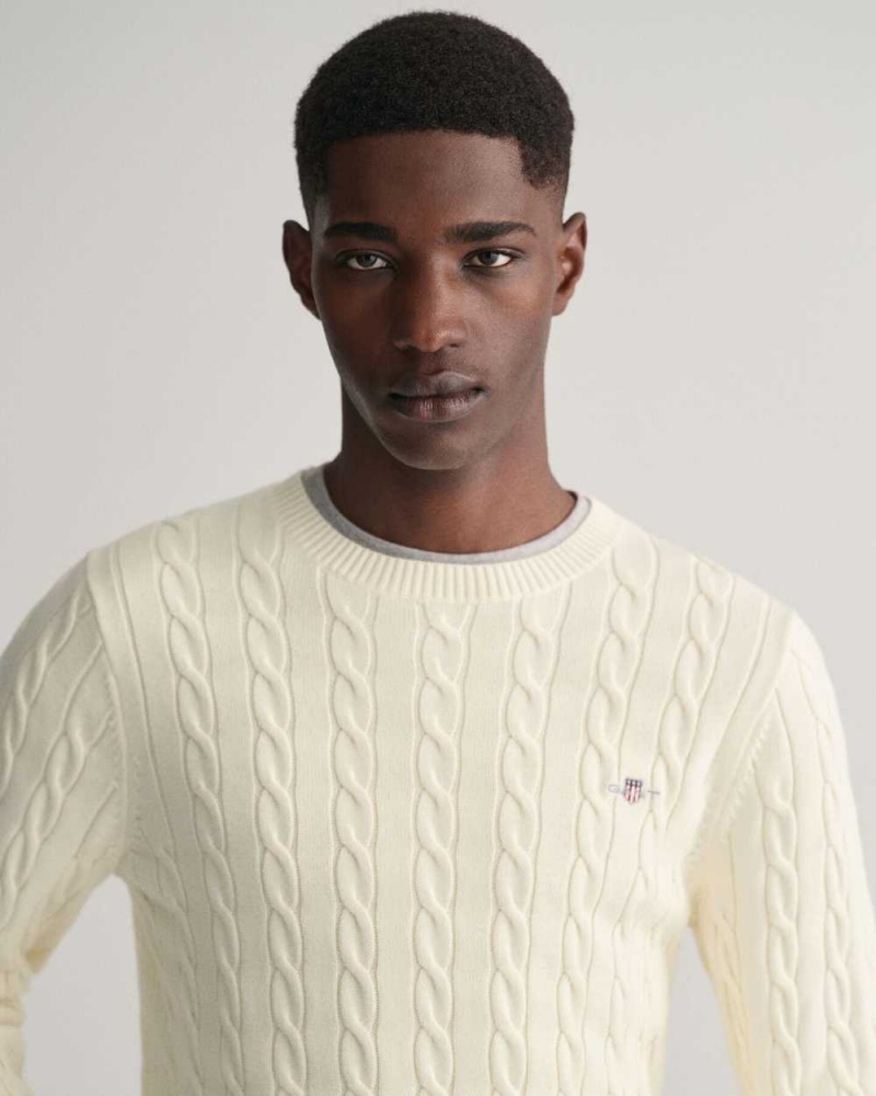 Gant Cotton Cable Knit Crew Neck Men's Sweater Cream | USOFQ-0651