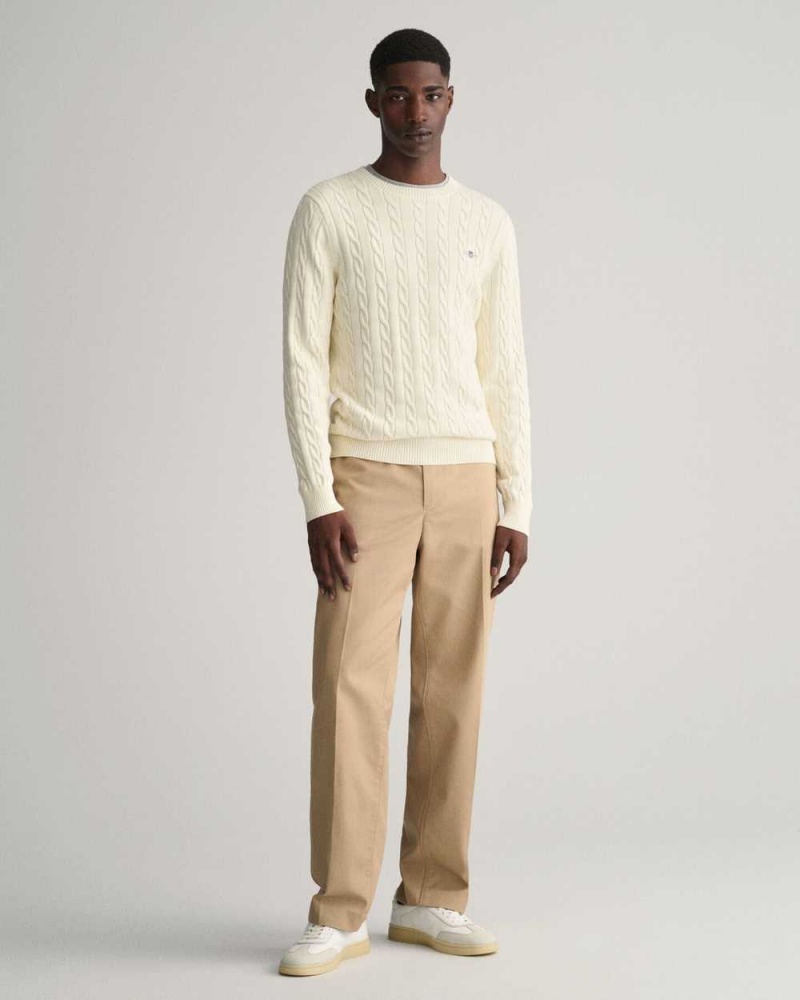 Gant Cotton Cable Knit Crew Neck Men's Sweater Cream | USOFQ-0651