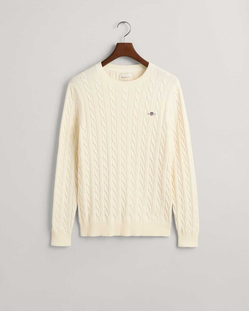 Gant Cotton Cable Knit Crew Neck Men's Sweater Cream | USOFQ-0651