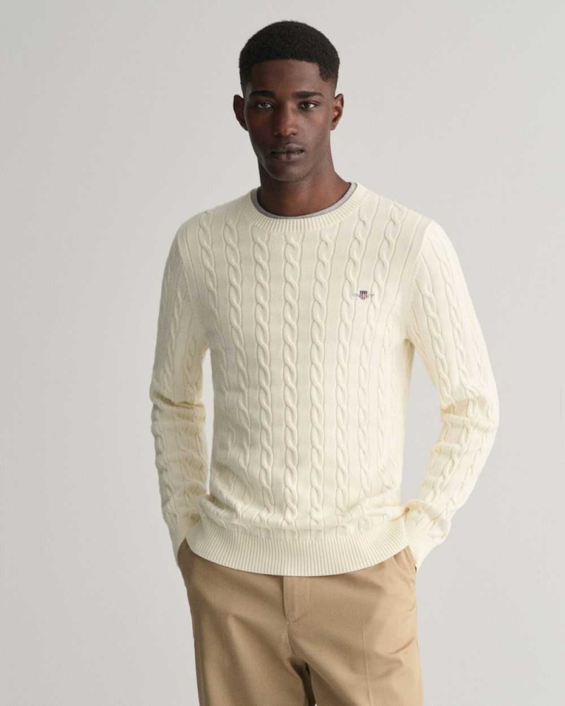 Gant Cotton Cable Knit Crew Neck Men\'s Sweater Cream | USOFQ-0651