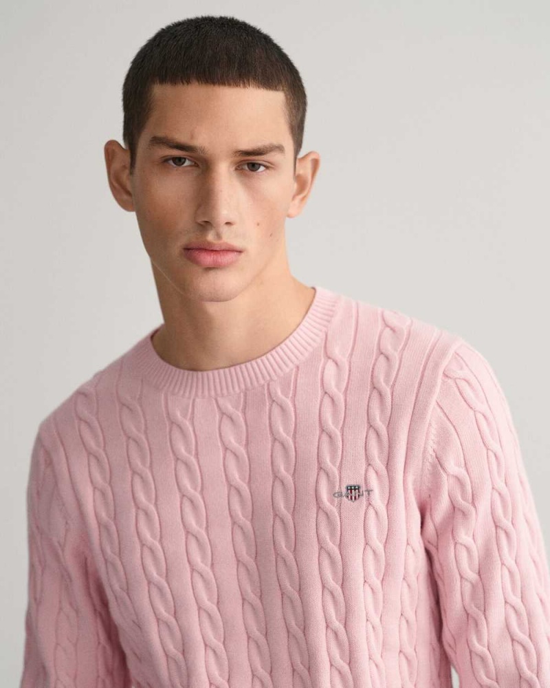 Gant Cotton Cable Knit Crew Neck Men's Sweater Blushing Pink | BUKVH-0576