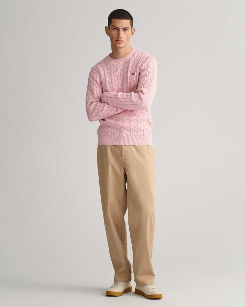 Gant Cotton Cable Knit Crew Neck Men's Sweater Blushing Pink | BUKVH-0576