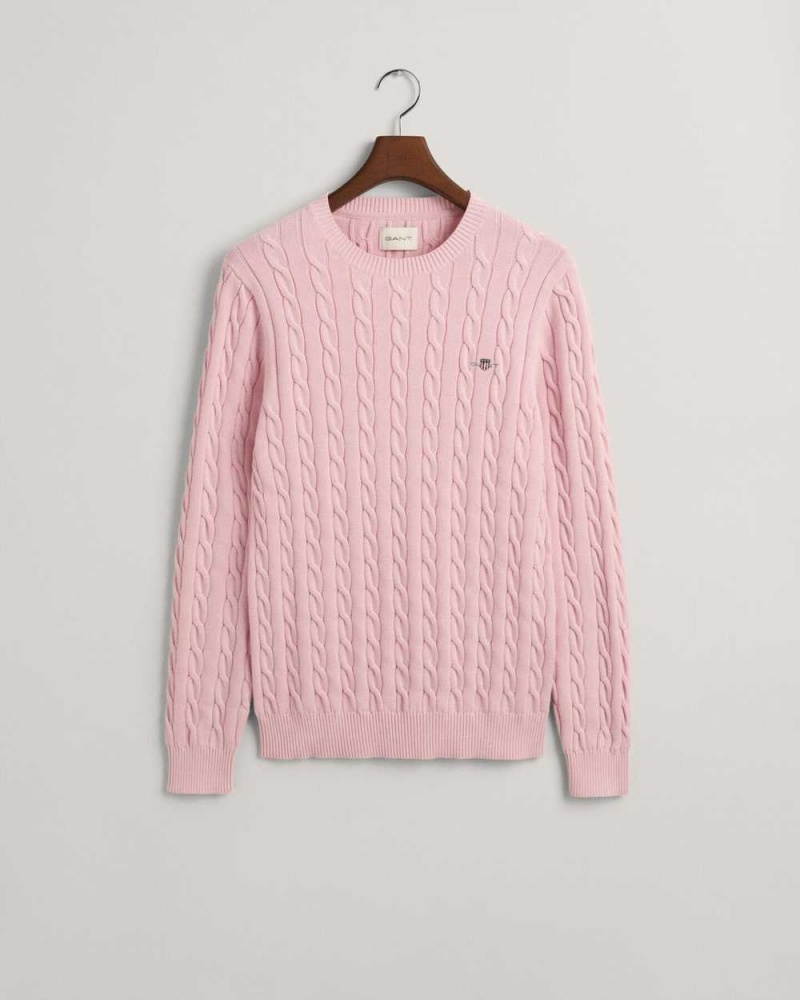 Gant Cotton Cable Knit Crew Neck Men's Sweater Blushing Pink | BUKVH-0576