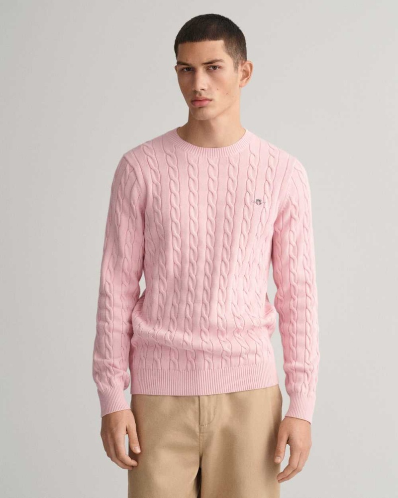 Gant Cotton Cable Knit Crew Neck Men\'s Sweater Blushing Pink | BUKVH-0576