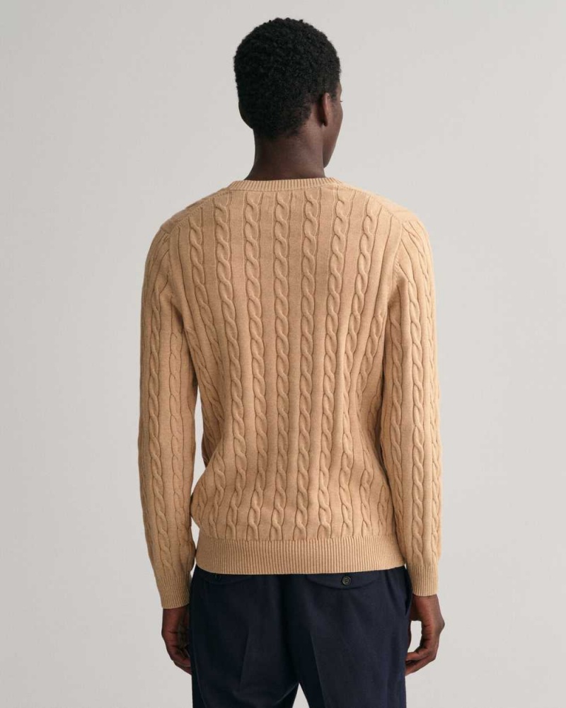 Gant Cotton Cable Knit Crew Neck Men's Sweater Khaki Melange | BJYHA-9860